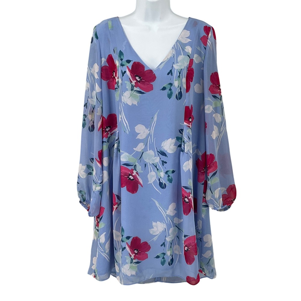 INC Shift Dress Womens XL Blue Floral Chiffon V-Neck Long Sleeve Boho Classic